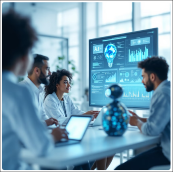 AI generated image of people discussing around a table and a ascreen